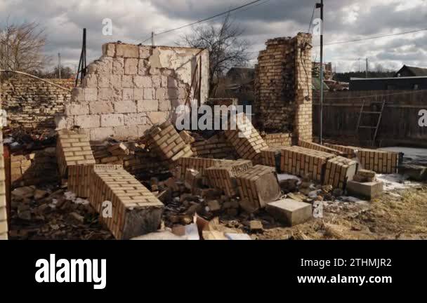 full of debris, Buildings destroyed, ruins of house. In aftermath of ...