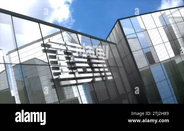June 2018, Editorial use only, 3D animation, IBM logo on glass building ...