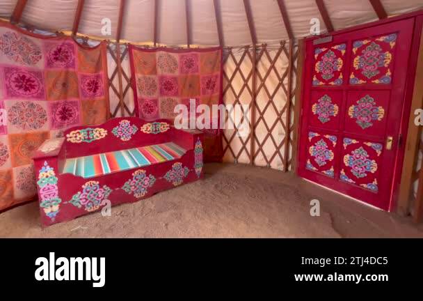 Living room of a a traditional Mongolian yurt ger a portable, round ...