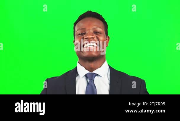 Black man in business, face and laughing on green screen with ...