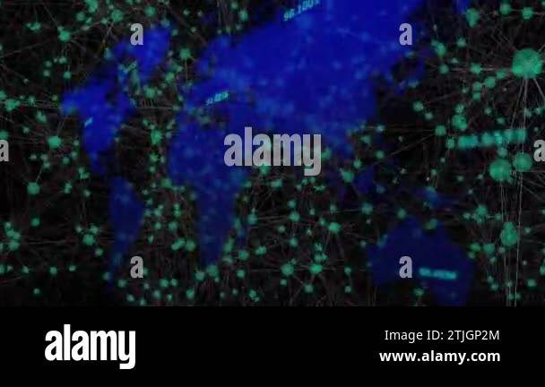 The animation shows a blue world map with floating white numbers over a ...