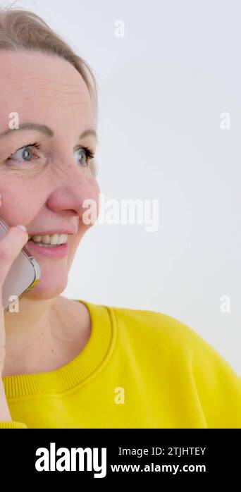 Phone call, laughter and a woman on white screen background in studio ...