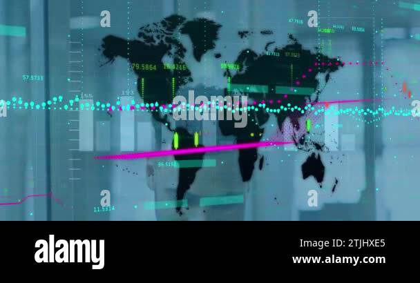 Animation of financial data processing with statistics over world map ...