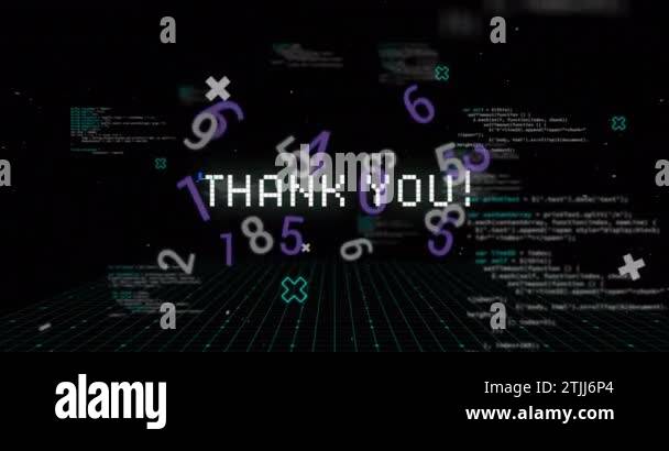 Animation of digital data processing and thank you text over black ...