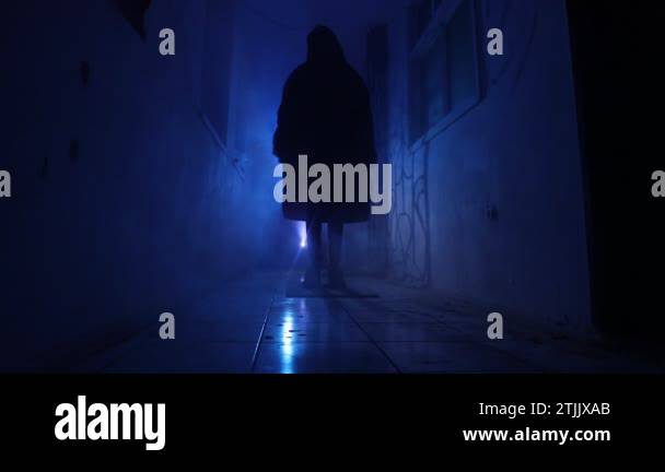 death with scythe standing in the dark hall. Horror silhouette inside ...