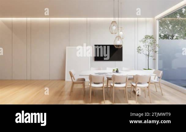 Animation minimal interior of the dinning room with a white base tone ...
