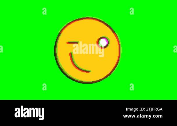 Winking emoticon with glitch effect on green background. Emoji motion ...