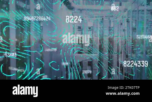 Animation of changing numbers and abstract pattern over server room in ...