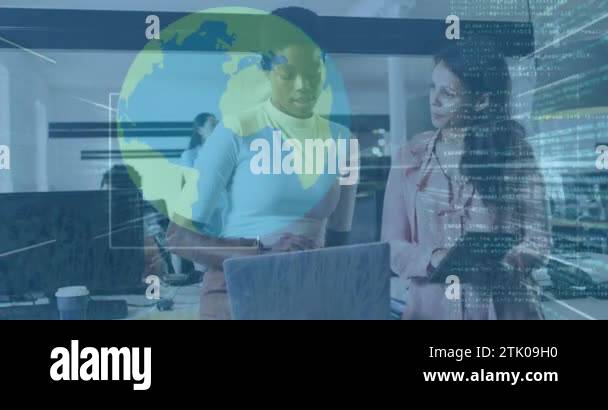 Animation of globe, programming language over diverse female coworkers ...