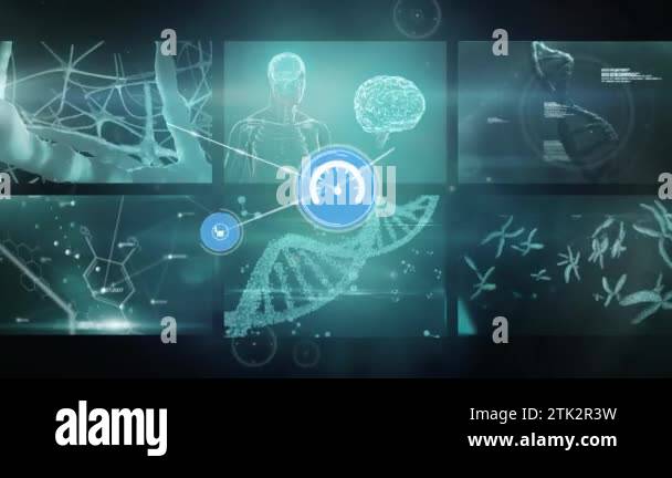 Animation of connected icons over human body, brain, dna helixes and ...