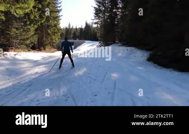 an athlete does cross country skiing workout on a beautiful morning
