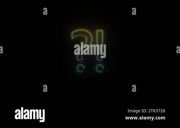 Glowing neon question mark and exclamation mark icon on black ...