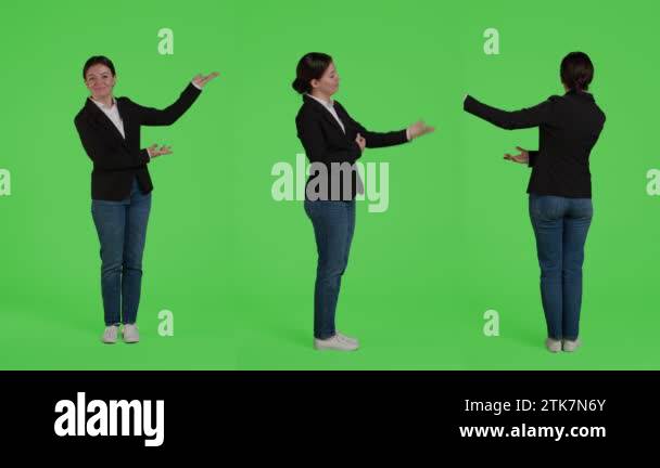 Caucasian businesswoman advertising presentation sideways, doing ...