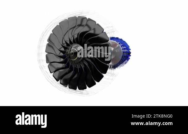 Jet engine inside, partly wireframe model - 3D 4k animation (3840 x ...