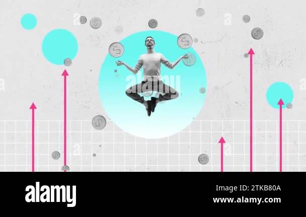 Young businessman balancing, meditation on financial arrows going up ...