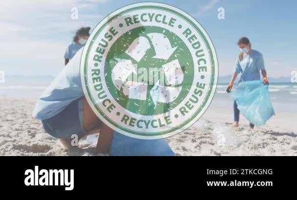 Animation of recycle, reduce, reuse text over diverse female volunteers ...