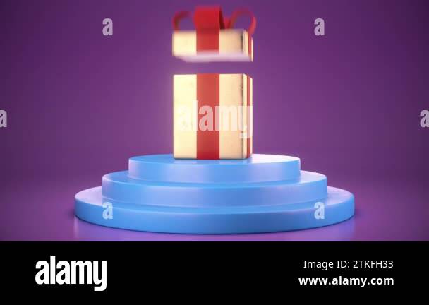 A 3D animation of a gift box with a red ribbon opens to reveal a quest ...