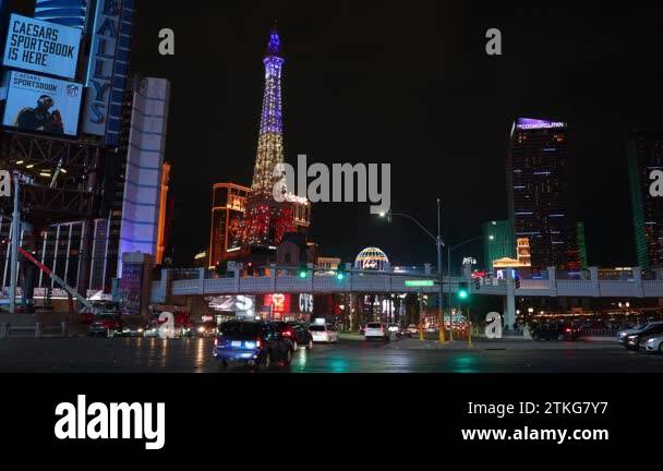 The famous Strip street in Las Vegas. Traffic near Paris Las Vegas