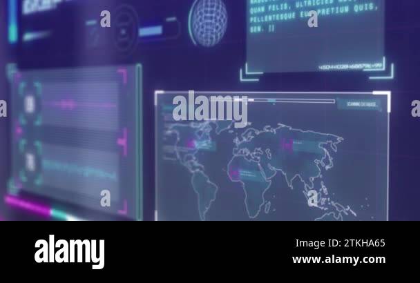 Animation of interface with world map and data processing against blue ...