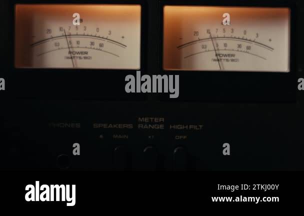 Stereo VU meter with backlit and buttons of vintage hi-fi amplifier