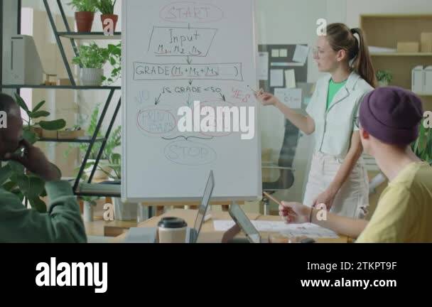 Gen Z girl presenting computer algorithm on whiteboard to diverse IT ...