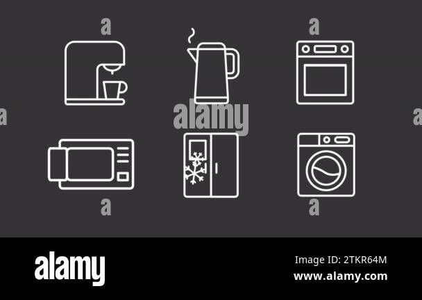 Animated kitchen white line icons. Electric appliances for cooking ...