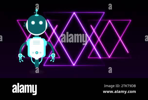 Animation of ai chat bot over colourful purple neon lines on black ...