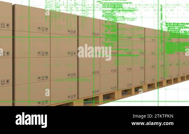 Animation of computer language and cardboard boxes on wooden planks ...