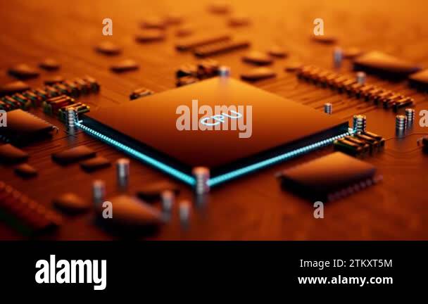 Computer processor located on a printed circuit board, illuminated by ...