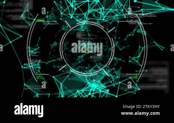 Animation of circles, computer language and connected dots over black ...