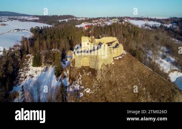 Ruins of medieval castle in Czorsztyn, Poland. Aerial 4K revealing ...