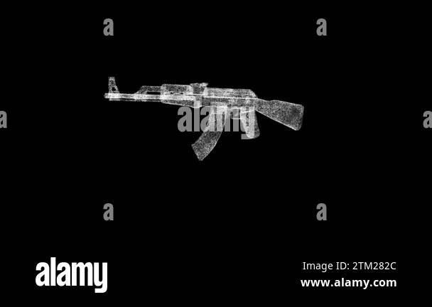 3D assault rifle AK47 rotates on black bg. Object dissolved white ...