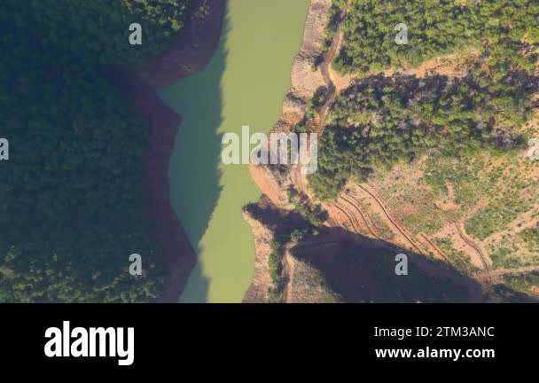 Turquoise water in a mountain forest lake with pine trees. Aerial view ...