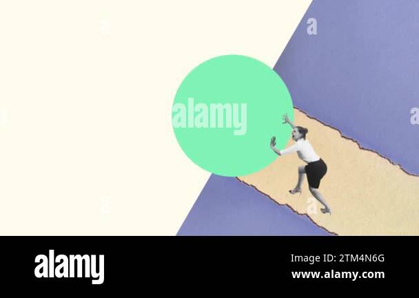 Woman, employee pushing big round on geometrical background. Overcoming ...
