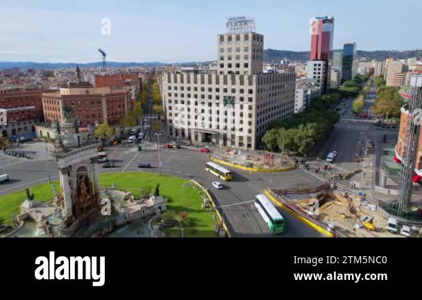 Aerial view of busy street traffic at roundabout at Plaza de Espana of ...