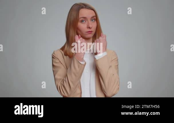 Greedy aggressive businesswoman showing fig negative gesture, you dont ...