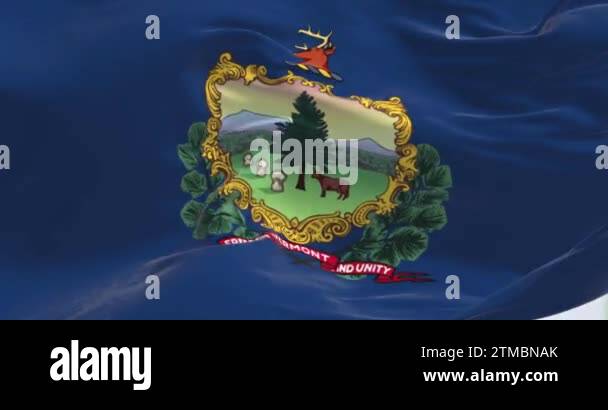 Freedom And Unity The Vermont state flag waving in the wind. Coat of arms and motto ...