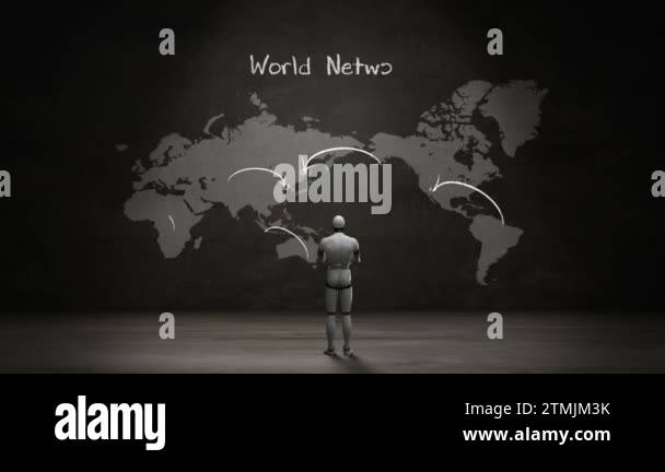 Robot cyborg standing world map, Handwriting 'World network', using ...