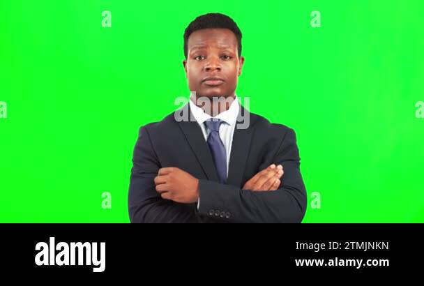 Black man in business, face and confidence on green screen with ...