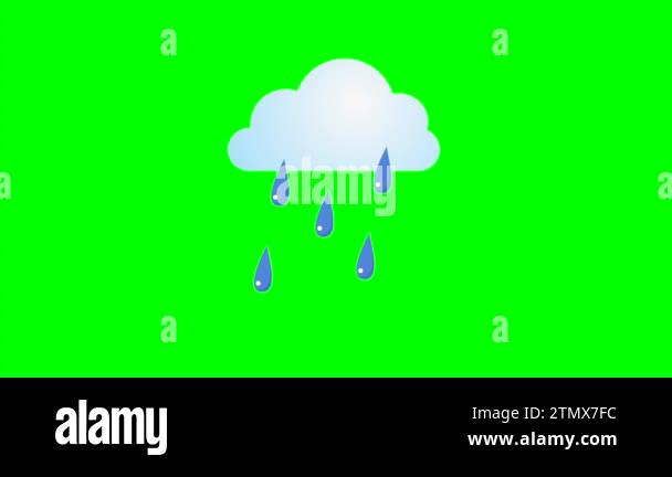 Cartoon simple cloud icon with raining and dripping raindrops on green ...