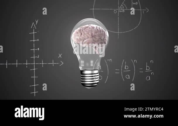 Animation of spinning brain inside a bulb icon and mathematical ...