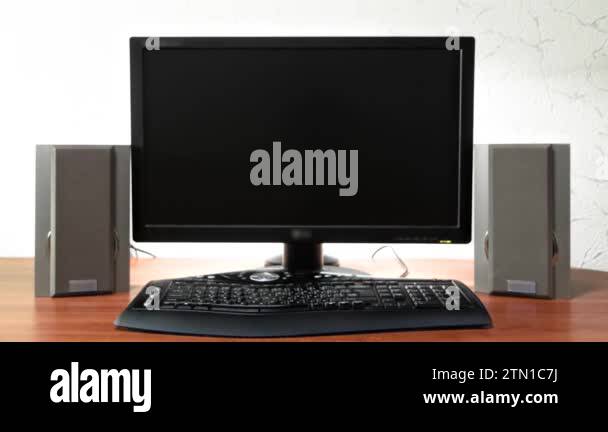 Work desk for digital job with computer, audio speakers and keyboard ...
