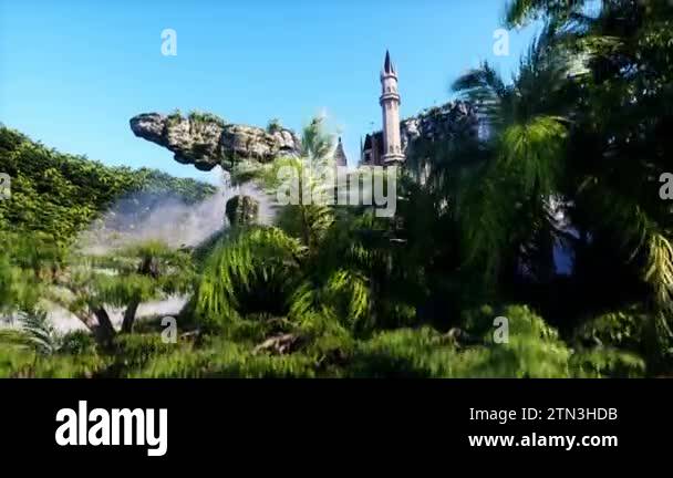 fantasy fairytale flying rocks with castle. Realistic 4k animation ...