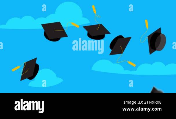 Black Graduation cap thrown up on blue sky background. Graduation cap ...