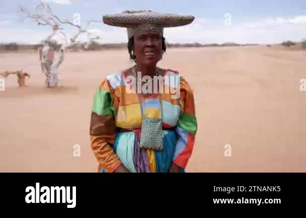 Swakopmund, Namibia - June 24, 23: Close up of a Colorful Herero tribe