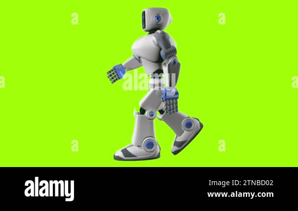 Side view of white and blue human-shaped robot walking against green ...