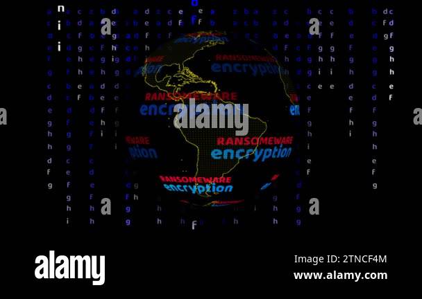 World map with ransomware encryption digital text rotating and alphabet ...