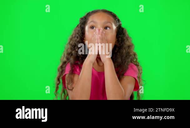 Surprise, face and green screen child, girl or person react to news ...