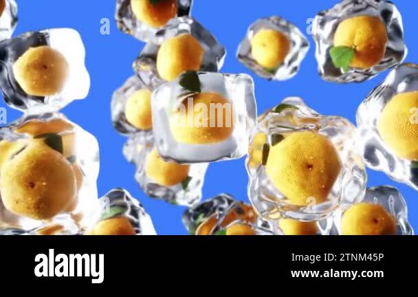 Oranges rotate in ice cubes. Food and broadcast concept. Realistic ice ...