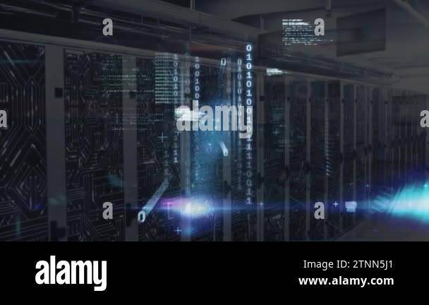 Animation of binary codes, computer language, circuit board pattern on ...